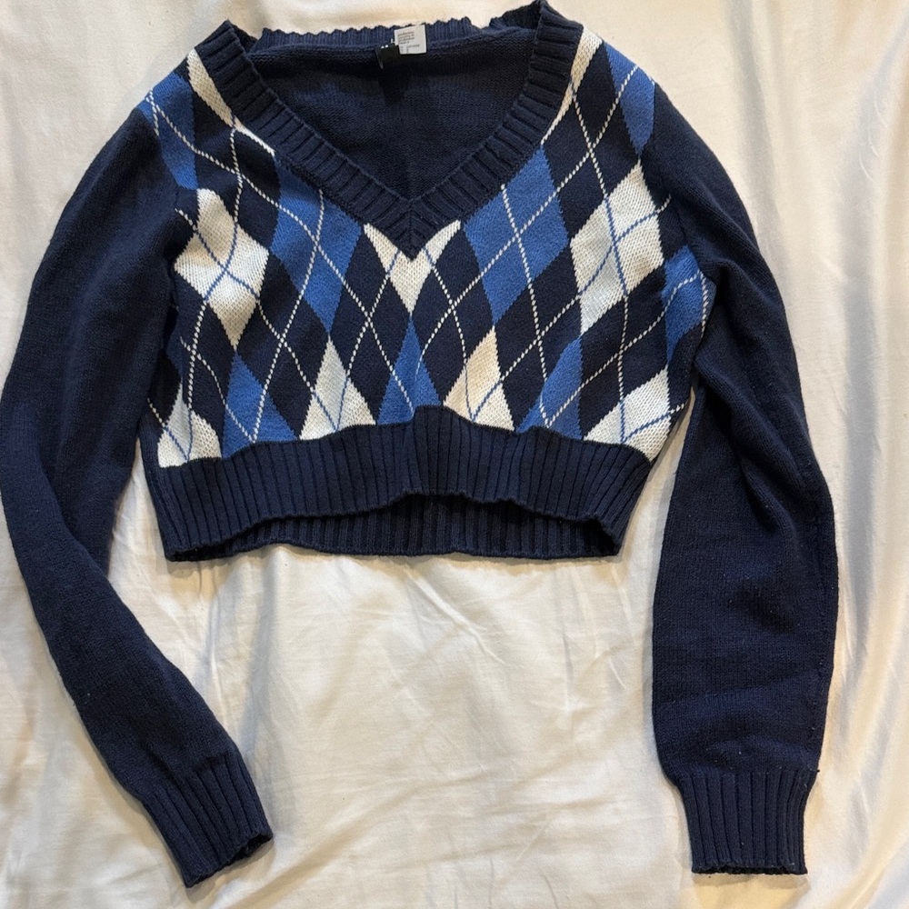 Navy Blue Argyle Women's Sweater